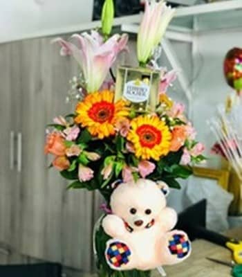 Mix Flowers with Teddy and Chocolates